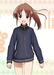 Rule 34 | 1girl, bare legs, bottomless, brown hair, jacket, long sleeves, naked jacket, no pants, saki (manga), takakamo shizuno, track jacket