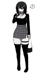 Rule 34 | 1girl, ?, bag, bags under eyes, black eyes, black hair, black shirt, black thighhighs, breasts, centi, choker, cleavage, cross, cross necklace, full body, goth fashion, greyscale, hair between eyes, hair ornament, hairclip, heizle, highres, jewelry, large breasts, long sleeves, monochrome, necklace, original, pale skin, ring, shirt, skirt, solo, thigh strap, thighhighs, white background