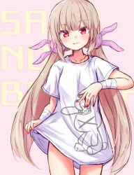 Rule 34 | &gt; &lt;, 1girl, text background, bandaged arm, bandages, baram, blush, breasts, brown hair, collarbone, commentary request, gluteal fold, hair ornament, highres, long hair, looking at viewer, low twintails, nail polish, natori sana, parted lips, pink background, print shirt, rabbit hair ornament, red eyes, red nails, sana channel, shirt, short sleeves, simple background, small breasts, smile, solo, standing, twintails, very long hair, virtual youtuber, white shirt