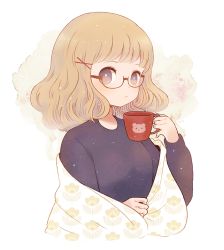 Rule 34 | 1girl, ayu (mog), black sweater, bright pupils, brown-framed eyewear, brown eyes, brown hair, closed mouth, cup, floral print, glasses, hair ornament, holding, holding cup, looking at viewer, semi-rimless eyewear, solo, sweater, under-rim eyewear, unmoving pattern, upper body, white pupils, x hair ornament