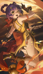 Rule 34 | 1girl, back, back bow, bare shoulders, bell, boots, bow, bow-shaped hair, breasts, brown footwear, brown gloves, brown shirt, crystal, from behind, genshin impact, gloves, hands up, highres, holding, holding polearm, holding weapon, looking at viewer, looking back, open mouth, polearm, purple hair, red bow, shirt, short hair, small breasts, smile, solo, spear, standing, standing on one leg, tabard, tassel, teeth, tongue, ttk (kirinottk), vision (genshin impact), weapon, xiangling (genshin impact), yellow eyes, yellow tabard