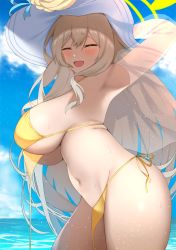 Rule 34 | 1girl, arm up, armpits, bikini, blue archive, breasts, green eyes, hat, highres, large breasts, long hair, navel, nonomi (blue archive), nonomi (swimsuit) (blue archive), open mouth, side-tie bikini bottom, sideboob, smile, solo, swimsuit, tomi27, untied bikini, very long hair, yellow bikini