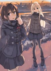 Rule 34 | 2girls, ahoge, black coat, black footwear, black hair, black legwear, black ribbon, black scarf, black skirt, blonde hair, blue eyes, blunt bangs, boots, braid, coat, commentary request, cowboy shot, cross-laced footwear, duffel coat, full body, grass, green eyes, hair over shoulder, hair ribbon, highres, kantai collection, lace-up boots, long hair, looking at viewer, multiple girls, outdoors, outstretched arms, pantyhose, pleated skirt, ribbon, scarf, shigure (kancolle), skirt, standing, straight hair, sugue tettou, sunset, yuudachi (kancolle)