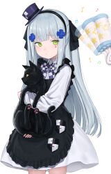 Rule 34 | 1girl, absurdres, animal, apron, black apron, black cat, black ribbon, blush, bow, cat, checkered bow, checkered clothes, closed mouth, dress, facial mark, girls&#039; frontline, green eyes, grey hair, hair ornament, hair ribbon, hat, highres, hk416 (black kitty&#039;s gift) (girls&#039; frontline), hk416 (girls&#039; frontline), holding, holding animal, holding cat, kuro (zhurunbo1997), long hair, long sleeves, mini hat, mini top hat, musical note, purple hat, rattle, ribbon, simple background, solo, teardrop facial mark, tilted headwear, top hat, very long hair, white background, white dress
