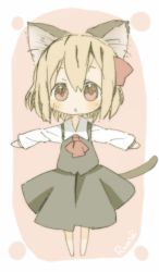 Rule 34 | 1girl, animal ears, barefoot, blonde hair, cat ears, cat girl, cat tail, chibi, dress shirt, female focus, miyachi (qqm32xk9), outstretched arms, qqm32xk9, red eyes, rumia, shirt, skirt, solo, spread arms, tail, touhou