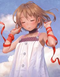 Rule 34 | 1girl, arm ribbon, bare shoulders, blue sky, brown eyes, brown hair, buttons, choker, cloud, commentary request, day, dress, floating hair, half-closed eyes, hands up, looking down, murata range, original, outdoors, parted lips, purple choker, red ribbon, ribbon, short hair, sky, sleeveless, sleeveless dress, solo, spaghetti strap, standing, upper body, white dress, wind