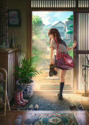 Rule 34 | 1girl, air pump, bicycle pump, black hair, boots, day, doorway, highres, loafers, long hair, looking back, original, plant, potted plant, rubber boots, rug, scenery, school uniform, serafuku, shoes, unworn shoes, slippers, solo, sugi87, umbrella