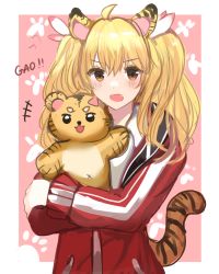 Rule 34 | 1girl, ahoge, animal, animal ears, blonde hair, blue archive, blue sealad, brown eyes, commentary request, highres, holding, holding animal, jacket, long hair, long sleeves, looking at viewer, open mouth, red jacket, solo, tail, tiger, tiger ears, tiger tail, two side up, upper body, yoshimi (blue archive)