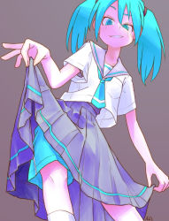 Rule 34 | 1girl, alternate hair length, alternate hairstyle, aqua eyes, aqua hair, aqua scarf, brown background, clothes lift, commentary request, from below, grin, hatsune miku, lifted by self, looking at viewer, looking down, neckerchief, pleated skirt, raised eyebrows, sailor collar, scarf, school uniform, serafuku, shirt, short sleeves, shorts, shorts under skirt, signature, simple background, skirt, skirt lift, smile, socks, solo, tessaku ro, twintails, vocaloid, white shirt, white socks