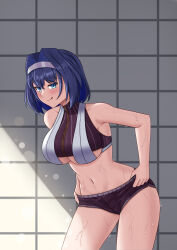 Rule 34 | 1girl, absurdres, adjusting clothes, adjusting shorts, azurecruiser, bare legs, blue eyes, blue hair, breasts, brown shorts, eyelashes, hairband, highres, hololive, hololive english, large breasts, leaning forward, looking at viewer, navel, ouro kronii, short hair, short shorts, shorts, sleeveless, smile, stomach, sunlight, tongue, tongue out, turtleneck, underboob, virtual youtuber, workout clothes, zipper