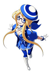 Rule 34 | 1girl, ascot, beret, blonde hair, blue-framed eyewear, blue ascot, blue eyes, blue scarf, boots, breasts, cleavage, cleavage cutout, clothing cutout, enta girl, falcoon, foreshortening, full body, glasses, gloves, hat, highres, jacket, mascot, official art, pantyhose, pleated skirt, puffy short sleeves, puffy sleeves, scarf, semi-rimless eyewear, short hair with long locks, short sleeves, simple background, skirt, smile, snk, solo, white background