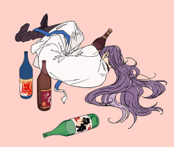 Rule 34 | 1boy, alcohol, bottle, curled up, doctor, drunk, fetal position, grey hair, hypnosis mic, jinguji jakurai, lab coat, long hair, sake, sleeping