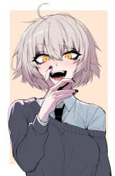 Rule 34 | 1girl, ahoge, alternate costume, black nails, black necktie, blush, border, collared shirt, commentary, english commentary, fate/grand order, fate (series), fingernails, grey hair, grey sweater, hair between eyes, hand on own face, highres, j.k., jeanne d&#039;arc alter (fate), long sleeves, looking at viewer, necktie, open mouth, outside border, shirt, short hair, simple background, smile, solo, sweater, teeth, white border, white shirt, yellow eyes