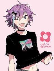 Rule 34 | 1boy, black choker, black shirt, blue hair, choker, clothes lift, commentary request, dated, earrings, fang, flower (symbol), grey eyes, hair ornament, hiiragi jun, jewelry, key earrings, kuromi, lock, lock earrings, looking at viewer, male focus, midriff peek, multicolored hair, navel, one eye closed, onegai my melody, open mouth, pink background, potti-p, purple hair, sanrio, shirt, shirt lift, short hair, short sleeves, simple background, smile, solo, streaked hair, t-shirt, trap, twitter username, upper body, usamimi kamen