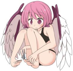 Rule 34 | 1girl, animal ears, applying pedicure, ass, bad anatomy, barefoot, bird ears, bird wings, black nails, blush, clipping nails, clipping toenails, closed mouth, collarbone, fingernails, hair between eyes, jagabutter, mystia lorelei, nail clippers, nail polish, pink eyes, pink hair, sharp fingernails, sharp toenails, short hair, simple background, solo, toenail polish, toenails, touhou, white background, white wings, wings