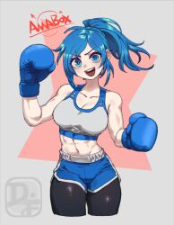 Rule 34 | 1girl, :d, abs, bare shoulders, black pantyhose, blue eyes, blue hair, blue shorts, boxing gloves, breasts, cleavage, collarbone, commentary, cropped legs, difman, english commentary, grey background, head tilt, highres, looking at viewer, medium breasts, navel, open mouth, original, pantyhose, pantyhose under shorts, pink background, ponytail, short shorts, shorts, signature, smile, solo, swept bangs, two-tone background
