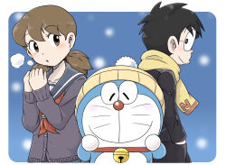 Rule 34 | 1boy, 1girl, absurdres, bell, black hair, blush, border, breath, brown eyes, brown hair, cold, collar, collarbone, doraemon, doraemon (character), glasses, hands in pockets, hat, highres, jingle bell, minamoto shizuka, neck bell, neckerchief, nobi nobita, red collar, red neckerchief, red nose, sailor collar, scarf, school uniform, short hair, smile, truth-pp, twintails, whiskers, white border, winter clothes, yellow scarf