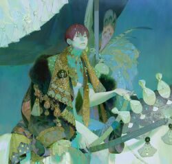 Rule 34 | 1boy, absurdres, earrings, feathers, feet out of frame, highres, jewelry, original, parted lips, red hair, shadow, short hair, solo, xiaoquandianer