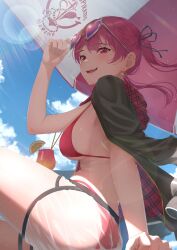 Rule 34 | 1girl, absurdres, beach, beach umbrella, bikini, black jacket, black ribbon, blue sky, breasts, cloud, earrings, eyewear on head, gold earrings, hair ribbon, heart, heart-shaped eyewear, heart earrings, heterochromia, highres, hololive, houshou marine, houshou marine (summer), jacket, jewelry, large breasts, long hair, looking at viewer, official alternate costume, red bikini, red eyes, red hair, red jacket, ribbon, shima46, sideboob, sky, smile, solo, sunglasses, swimsuit, twintails, two-sided fabric, two-sided jacket, umbrella, virtual youtuber, water, yellow eyes