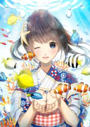Rule 34 | 1girl, ;d, air bubble, bad id, bad pixiv id, blue eyes, brown hair, bubble, coral, cupping hands, fish, hair ornament, head tilt, japanese clothes, kanno sayu, kimono, long hair, looking at viewer, obi, one eye closed, open mouth, original, own hands together, sash, smile, star (symbol), star hair ornament, sunlight, underwater, upper body