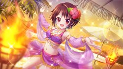 Rule 34 | 1girl, :d, bandou mikuru, beach, beach umbrella, blonde hair, blue gemstone, blurry, blurry foreground, breasts, brown hair, cleavage, dancer, detached sleeves, dot nose, dutch angle, earrings, film grain, fire, flower, game cg, gem, hair flower, hair ornament, harem outfit, hibiscus, izumi tsubasu, jewelry, lens flare, multicolored hair, navel, necklace, non-web source, ocean, official art, open mouth, orange flower, outdoors, outstretched arms, pink gemstone, purple skirt, purple sleeves, re:stage!, red eyes, red flower, round table, see-through, see-through sleeves, short hair, showgirl skirt, skirt, small breasts, smile, solo, sparkle, spread arms, stomach, streaked hair, table, torch, twilight, two-tone hair, umbrella