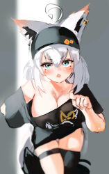 Rule 34 | 1girl, ahoge, animal ear fluff, animal ears, blush, breasts, fox ears, fox girl, fox tail, hair between eyes, highres, hololive, large breasts, looking at viewer, official alternate costume, open mouth, pointing, pointing at viewer, retrocreature, shirakami fubuki, shirakami fubuki (loungewear), shirt, simple background, single thighhigh, solo, tail, thigh strap, thighhighs, virtual youtuber, white hair