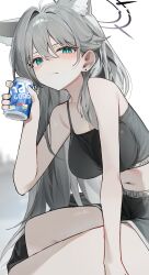 1girl absurdres animal_ear_fluff animal_ears bare_shoulders black_halo black_shorts black_sports_bra blue_archive blue_eyes blush breasts can cleavage closed_mouth drink_can grey_hair halo highres holding holding_can huu_(dighapdlxm12) large_breasts long_hair mismatched_pupils navel shiroko_(blue_archive) shiroko_terror_(blue_archive) shorts solo sports_bra wolf_ears wolf_girl