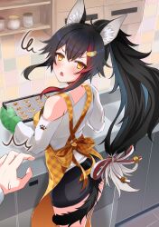Rule 34 | 1girl, animal ear fluff, animal ears, black hair, black shorts, blush, breasts, gloves, green gloves, hair ornament, hairpin, highres, hololive, long hair, looking at viewer, medium breasts, multicolored hair, official alternate costume, ookami mio, ookami mio (casual), open mouth, ponytail, red hair, shirt, shorts, streaked hair, tail, tail around own leg, virtual youtuber, white shirt, wolf ears, wolf girl, wolf tail, yaki no yaki, yellow eyes