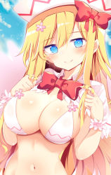 Rule 34 | 1girl, bikini, blonde hair, blue eyes, blue sky, blush, border, bow, bowtie, breasts, cloud, commentary request, commission, day, fairy wings, hair between eyes, hair bow, hands up, head tilt, highres, large breasts, lily white, long hair, looking back, maturiuta sorato, navel, outdoors, red bow, red bowtie, short sleeves, shrug (clothing), sky, smile, solo, stomach, swimsuit, touhou, upper body, very long hair, white bikini, white border, white headwear, wings