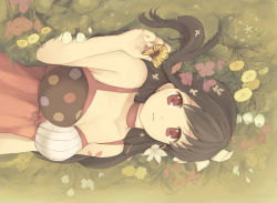 Rule 34 | 1girl, bad id, bad pixiv id, black hair, breasts, bug, butterfly, choker, cleavage, dress, female focus, field, flower, insect, lying, moai (aoh), nature, original, outdoors, red eyes, solo, tattoo, upside-down