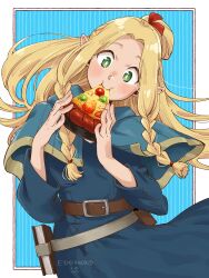 Rule 34 | 1girl, artist name, belt pouch, biting, blonde hair, blue background, blue capelet, blue dress, blush, book holster, braid, capelet, cowboy shot, dress, dungeon meshi, eating, edomon-do, elf, floating hair, food, green eyes, hands up, head tilt, highres, holding, holding food, hood, hood down, hooded capelet, long hair, long sleeves, looking at viewer, marcille donato, outside border, parted bangs, pie, pie slice, pointy ears, ponytail, pouch, solo, twin braids