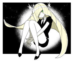 Rule 34 | 1girl, belt, black footwear, black jacket, black necktie, black shorts, blonde hair, border, closed mouth, collared shirt, commentary request, creatures (company), dede (qwea 00000), floating hair, game freak, green eyes, hair over one eye, interlocked fingers, jacket, korean commentary, long hair, looking at viewer, lusamine (pokemon), necktie, nintendo, outside border, own hands together, pokemon, pokemon sm, shirt, shoes, short sleeves, shorts, solo, very long hair, white belt, white border, white shirt