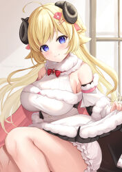 Rule 34 | 1girl, absurdres, ahoge, animal ears, blonde hair, bloomers, blush, bow, bowtie, breasts, brooch, cape, closed mouth, clothes lift, commentary request, curled horns, detached sleeves, dress, dress lift, fur-trimmed dress, fur-trimmed sleeves, fur trim, hair ornament, hairclip, highres, hololive, horns, jewelry, large breasts, lifted by self, long hair, looking at viewer, miyagi ratona, purple eyes, red bow, red bowtie, sheep ears, sheep girl, sheep horns, sideboob, sidelocks, sleeveless, sleeveless dress, smile, solo, thighs, tsunomaki watame, tsunomaki watame (1st costume), underwear, virtual youtuber, white bloomers, white dress