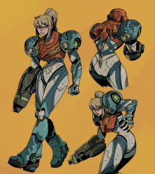 Rule 34 | 1girl, arm cannon, armor, ass, blonde hair, blue eyes, full body, glowing, gun, highres, ho-uja, long hair, looking at viewer, metroid, metroid dread, mole, mole under mouth, nintendo, ponytail, power armor, samus aran, science fiction, sidelocks, simple background, solo, upper body, varia suit, visor, weapon
