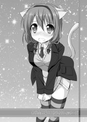 Rule 34 | 1girl, animal ears, blush, cosplay, embarrassed, endori, endori upa, furutani himawari, greyscale, kemonomimi mode, lynette bishop, lynette bishop (cosplay), monochrome, necktie, no pants, sky, solo, star (sky), star (symbol), starry sky, strike witches, striped clothes, striped thighhighs, tail, thighhighs, world witches series, yuru yuri