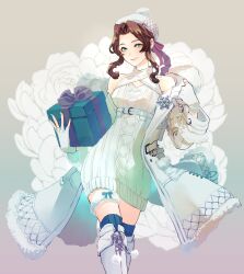 Rule 34 | 1girl, absurdres, aerith gainsborough, aerith gainsborough (fairy of snowfall), blue thighhighs, boots, brown hair, christmas present, coat, corsage, demi co, dress, final fantasy, final fantasy vii, final fantasy vii ever crisis, fur-trimmed coat, fur trim, gift, hat, highres, knit sweater, looking at viewer, off shoulder, official alternate costume, smile, solo, sweater, sweater dress, thigh boots, thighhighs, thighhighs under boots, white coat, white footwear, winter clothes, winter coat