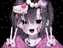 Rule 34 | 1boy, bandaid, bandaid on face, bandaid on neck, black background, black eyes, black nails, brown hair, cake, candy, commentary request, confetti, crossed bandaids, double v, earrings, empty eyes, food, food on head, hair between eyes, hair ornament, hairclip, hands up, hiro 0607, jewelry, lollipop, looking at viewer, male focus, mixed-language commentary, nail polish, object on head, open mouth, original, portrait, short hair, simple background, sleeves past wrists, smile, solo, straight-on, strawberry shortcake, tears, v, yami kawaii
