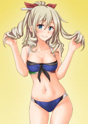 Rule 34 | 1girl, anti (untea9), bare shoulders, bikini, blonde hair, blue bikini, blue eyes, breasts, cleavage, cosplay, cowboy shot, drill hair, gradient background, hair between eyes, hair ornament, hair ribbon, hatakaze (kancolle), highres, holding, holding own hair, johnston (kancolle), johnston (kancolle) (cosplay), kantai collection, looking at viewer, medium breasts, ponytail, red ribbon, ribbon, sailor bikini, sailor collar, simple background, solo, swimsuit, yellow background