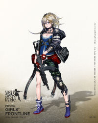 Rule 34 | 1girl, ak-74u (girls&#039; frontline), aks-74u, ammunition pouch, ankle strap, assault rifle, asymmetrical footwear, asymmetrical legwear, asymmetrical pants, bag, baggy clothes, baggy pants, blonde hair, blue eyes, blue footwear, blue tube top, blush, boots, breasts, bustier, camouflage, camouflage pants, character name, cleavage, combat knife, copyright name, cross-laced footwear, earphones, fanny pack, fingerless gloves, full body, girls&#039; frontline, gloves, gun, hair between eyes, headphones, headphones around neck, highres, holstered, hood, hood down, hooded jacket, infukun, jacket, kalashnikov rifle, knee pads, knife, knife sheath, knife sheath, lace-up boots, logo, looking at viewer, medium breasts, official art, open clothes, open jacket, open mouth, pants, pouch, red gloves, rifle, sheath, short hair with long locks, sidelocks, single knee pad, solo, strap, strapless, trigger discipline, tsurime, tube top, uneven footwear, uneven legwear, weapon