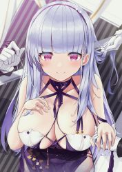 Rule 34 | 1girl, azur lane, bare shoulders, blunt bangs, blush, breasts, cleavage, closed mouth, collarbone, criss-cross halter, dido (anxious bisque doll) (azur lane), dido (azur lane), disembodied hand, dress, gloves, hairband, halter dress, halterneck, headband, highres, large breasts, leaning forward, long hair, looking at viewer, multiple hands, pelvic curtain, purple dress, purple eyes, purple hairband, purple headband, silver hair, smile, sora (men0105)
