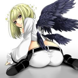 Rule 34 | 1boy, 510, androgynous, ass, beatmania, beatmania iidx, belt, blonde hair, blush, from behind, halo, looking at viewer, male focus, purple eyes, rche (beatmania), shoes, short hair, shorts, sitting, smile, solo, trap, wariza, wings