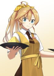 Rule 34 | 1girl, abukuma (kancolle), ahoge, alternate costume, alternate hairstyle, blonde hair, blue eyes, brown skirt, commentary request, cowboy shot, dress shirt, employee uniform, food, highres, kantai collection, long hair, looking at viewer, multicolored apron, name tag, negahami, ponytail, shirt, short sleeves, skirt, solo, tray, uniform, waitress, wavy mouth, white shirt