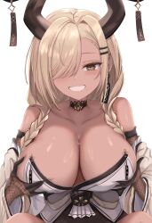 Rule 34 | 1girl, absurdres, ana (vvvvor), azur lane, bare shoulders, blonde hair, braid, breast lift, breasts, brown choker, brown gloves, brown horns, center opening, choker, collarbone, dark-skinned female, dark skin, elbow gloves, fishnet gloves, fishnets, gloves, grabbing own breast, grin, hair ornament, hair over one eye, hairpin, highres, horn ornament, horns, huge breasts, large horns, looking at viewer, low twin braids, mole, mole under mouth, owari (azur lane), simple background, skindentation, smile, solo, strapless, teeth, twin braids, white background, yellow eyes