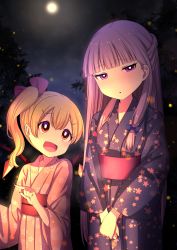 Rule 34 | 2girls, alternate hairstyle, blonde hair, blue bow, blunt bangs, blush, bow, braid, commentary request, fingernails, flandre scarlet, glowing, height difference, highres, japanese clothes, kimono, light particles, long hair, moon, multiple girls, nail polish, night, night sky, no headwear, open mouth, own hands together, patchouli knowledge, purple eyes, purple hair, red bow, red eyes, sharp fingernails, sky, smile, touhou, tsukimirin, wings, yukata