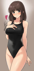 Rule 34 | 1girl, absurdres, amagami, arm behind back, bare arms, bare shoulders, black one-piece swimsuit, blush, breasts, brown eyes, brown hair, closed mouth, commentary, competition swimsuit, covered navel, cowboy shot, groin, hand on own chest, heart, highres, looking at viewer, medium breasts, medium hair, one-piece swimsuit, signature, smile, solo, swimsuit, tanaka keiko (amagami), twitter username, yoo tenchi
