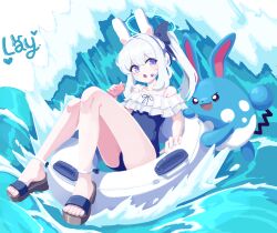 Rule 34 | 1girl, azumarill, black bow, blue archive, blue eyes, blue one-piece swimsuit, bow, cellphone, commission, creatures (company), crossover, game freak, gen 2 pokemon, halo, headset, highres, holding, holding phone, innertube, long hair, miyako (blue archive), nintendo, one-piece swimsuit, open mouth, phone, pokemon, pokemon (creature), ponytail, smartphone, swim ring, swimsuit, ttrtag, waves, white hair