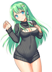 Rule 34 | 1girl, alternate costume, arms up, black sweater, blue eyes, breasts, cleavage, cleavage cutout, clothing cutout, commentary, contrapposto, covered erect nipples, cowboy shot, frog hair ornament, green hair, hair ornament, hair tubes, hand on own chest, head tilt, impossible clothes, impossible sweater, kochiya sanae, large breasts, long hair, long sleeves, looking at viewer, meme attire, no pants, open-chest sweater, ribbed sweater, simple background, smile, snake hair ornament, solo, standing, sweater, tokyo yamane, touhou, turtleneck, turtleneck sweater, very long hair, white background