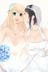 Rule 34 | 10s, 2girls, alternate costume, atago (kancolle), black hair, blonde hair, blush, bouquet, breasts, bridal veil, camel000, kissing cheek, cleavage, collarbone, dress, earrings, elbow gloves, closed eyes, flower, gloves, green eyes, hair flower, hair ornament, jewelry, kantai collection, kiss, lace, lace-trimmed gloves, lace trim, large breasts, lipstick, long hair, makeup, multiple girls, necklace, ring, short hair, simple background, string, string of fate, takao (kancolle), tiara, veil, wedding band, wedding dress, wife and wife, yuri