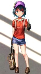 Rule 34 | 10s, 1girl, artist name, bag, black gloves, blouse, blue eyes, blue hair, blue shorts, brown footwear, closed mouth, clothes writing, commentary request, contemporary, full body, gloves, hair between eyes, handbag, highres, holding, holding bag, holding handbag, hood, hoodie, kaban (kemono friends), kemono friends, loafers, looking at viewer, red shirt, shirt, shoes, short hair, short shorts, shorts, single stripe, solo, welt (kinsei koutenkyoku)