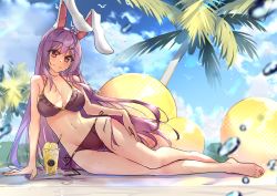 Rule 34 | 1girl, absurdres, animal ears, arm support, bare arms, bare legs, bare shoulders, barefoot, beach, bikini, blue sky, blurry, blush, breasts, cleavage, cloud, collarbone, cup, day, depth of field, diving penguin, drinking glass, drinking straw, glint, highres, large breasts, long hair, looking at viewer, navel, outdoors, palm tree, purple hair, rabbit ears, reclining, red eyes, reisen udongein inaba, sitting, sky, smile, solo, swimsuit, thighs, touhou, tree, very long hair
